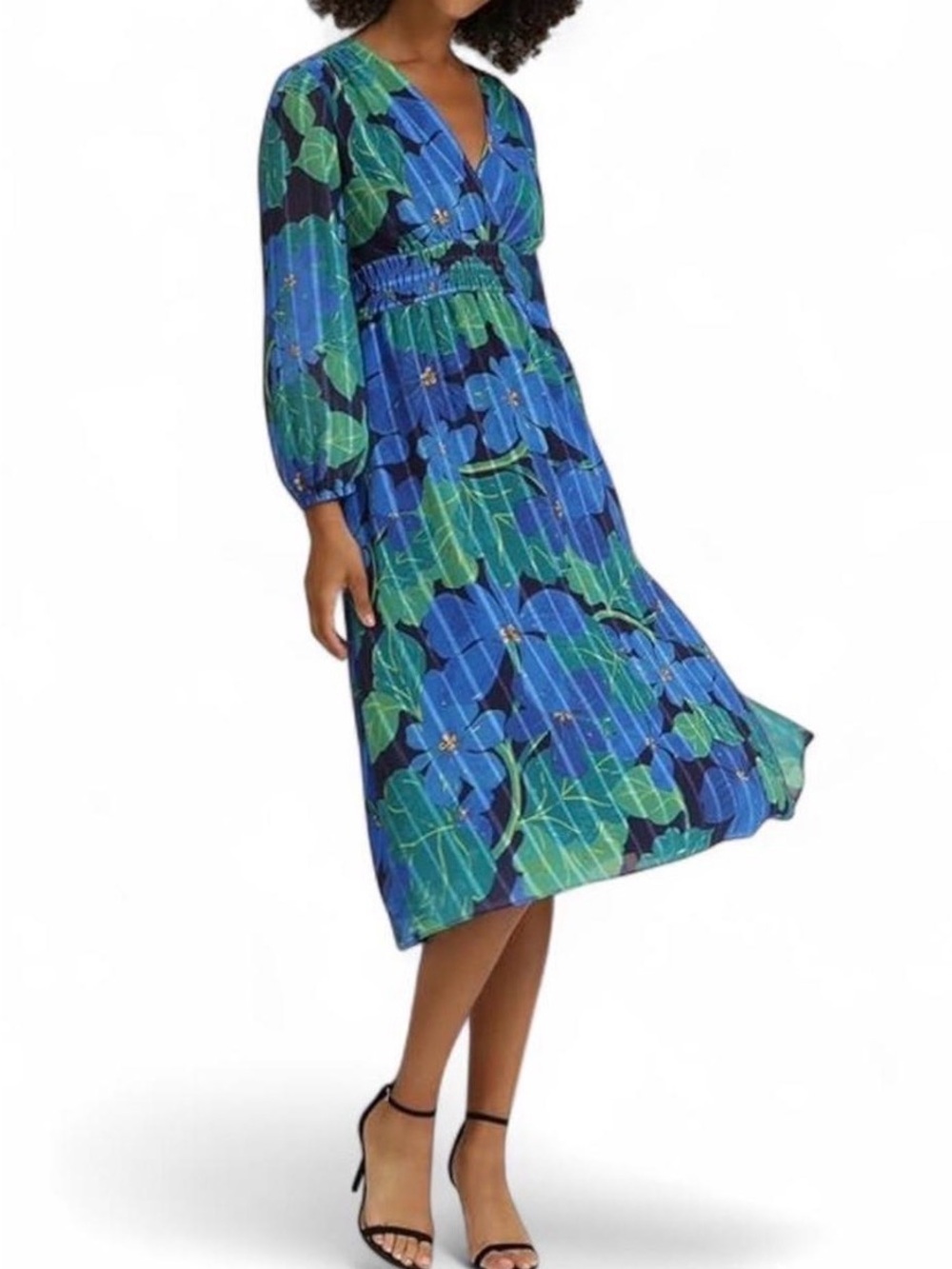 Maggy London Blue and Green Floral V-Neck Midi Dress